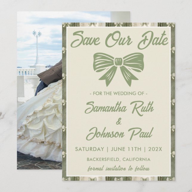 Sage Green Rustic Denim Photo Wedding Save The Date (Front/Back)