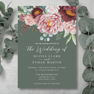 Sage Green Rustic Dusty Rose Boho Floral   Invitation