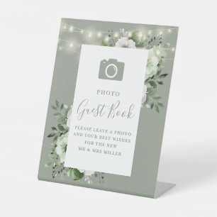 Sage Green Rustic Floral Photo Guest Book Wedding Pedestal Sign
