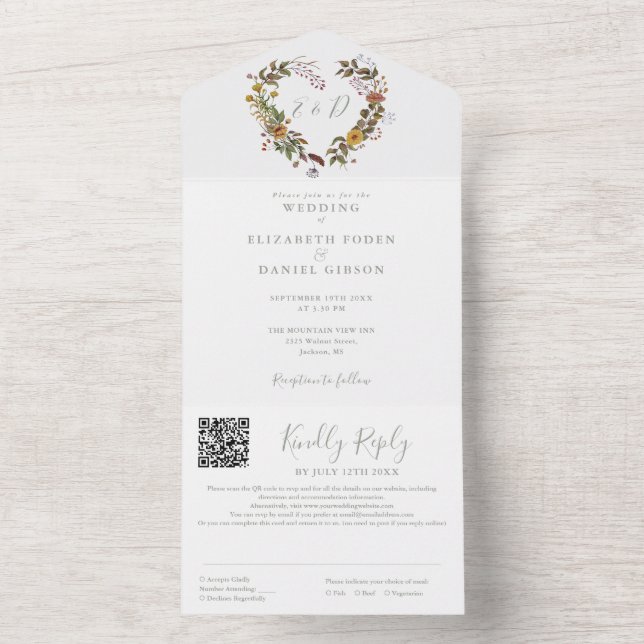 Sage Green Rustic Floral QR Code Wedding All In One Invitation (Inside)