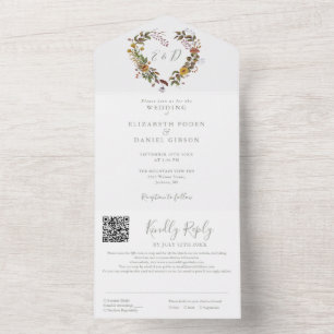 Sage Green Rustic Floral QR Code Wedding All In One Invitation