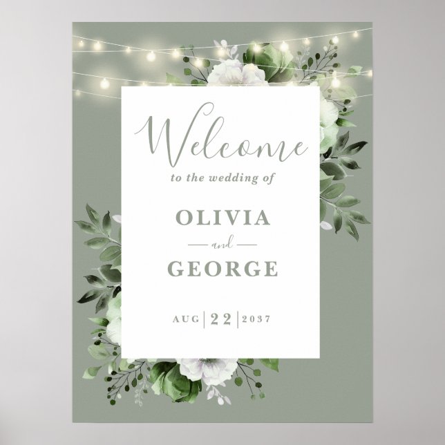 Sage Green Rustic Floral Wedding Welcome Sign (Front)
