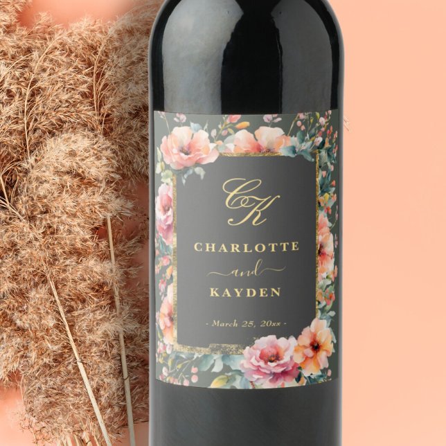 Sage Green Rustic Floral Wreath Monogram Wedding  Wine Label (Sage Green Rustic Floral Wreath Monogram Wedding Wine Label)