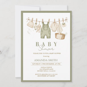 Sage Green Rustic Hanging Clothesline Baby Shower  Invitation