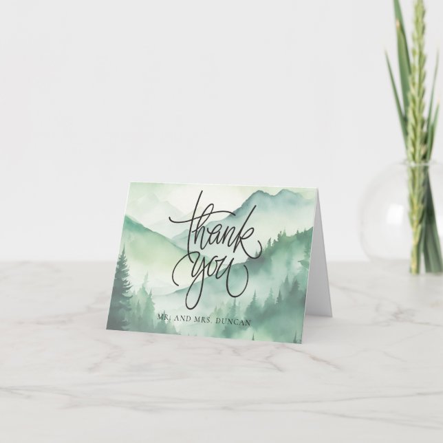 Sage Green Rustic Mountain Evergreen Trees Script Thank You Card (Front)