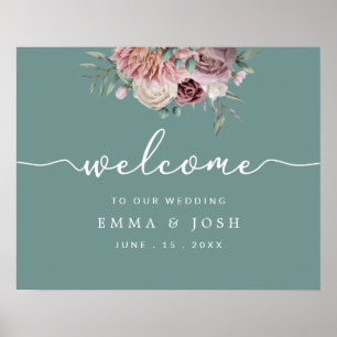 Sage Green Rustic Pink Floral Wedding Welcome Sign