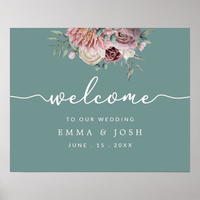Sage Green Rustic Pink Floral Wedding Welcome Sign (Front)