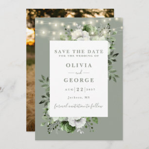 Sage Green Rustic String Lights Floral Photo Save The Date