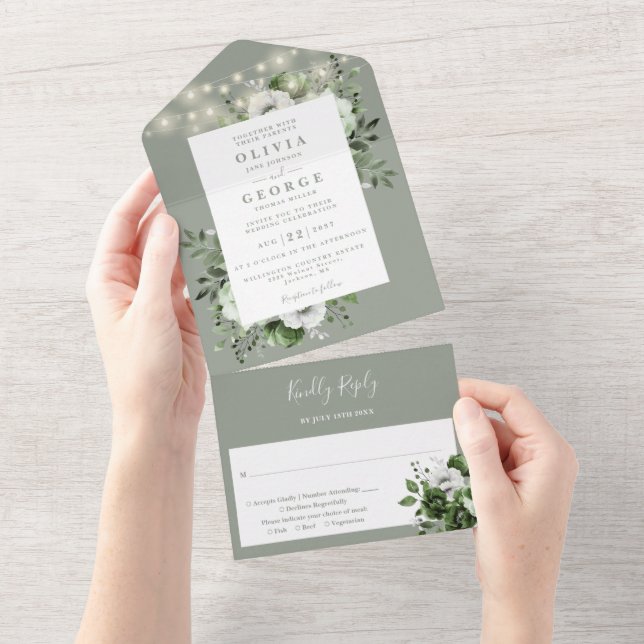 Sage Green Rustic String Lights Floral Wedding All In One Invitation (Tearaway)