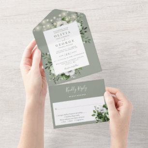 Sage Green Rustic String Lights Floral Wedding All In One Invitation