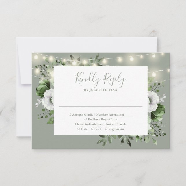 Sage Green Rustic String Lights Floral Wedding RSVP Card (Front)