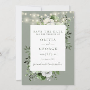 Sage Green Rustic String Lights Floral Wedding Save The Date