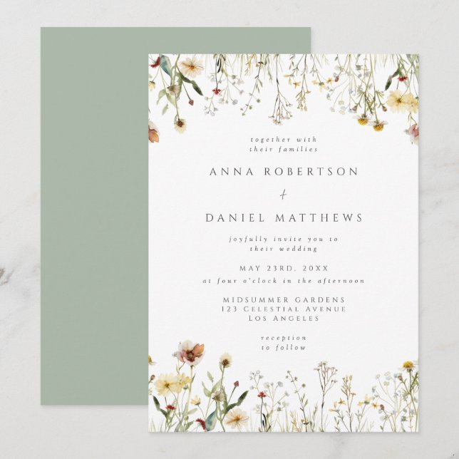 Sage Green Rustic Wildflower Wedding Invitation (Front/Back)