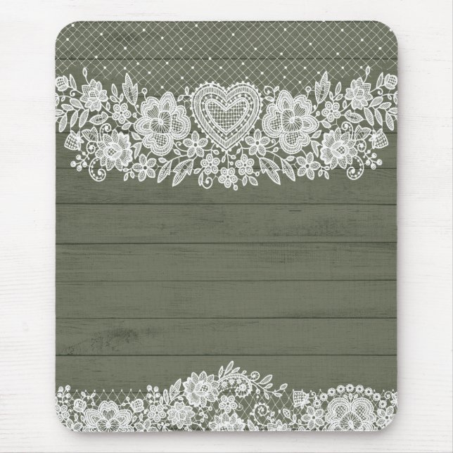Sage Green Rustic Wood & White Lace Lacy Farmhouse Mouse Pad (Front)