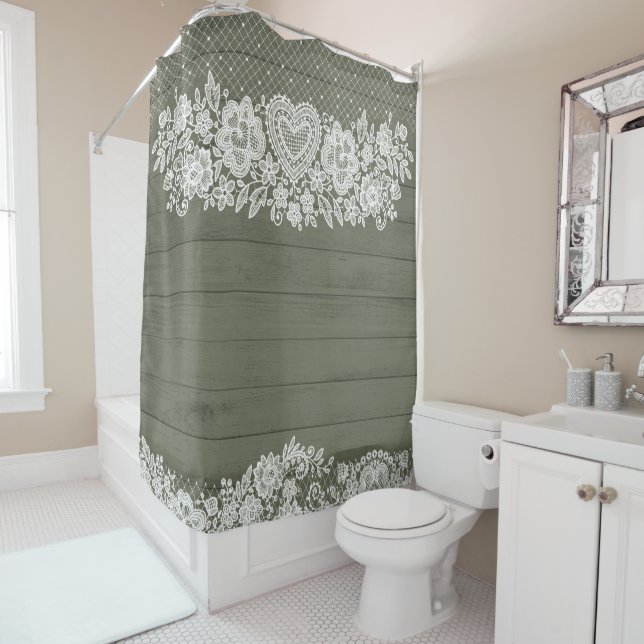 Sage Green Rustic Wood & White Lace Lacy Farmhouse Shower Curtain (In Situ)