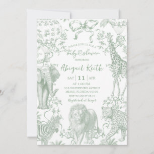  Sage Green Safari Toile Baby Shower Invitation