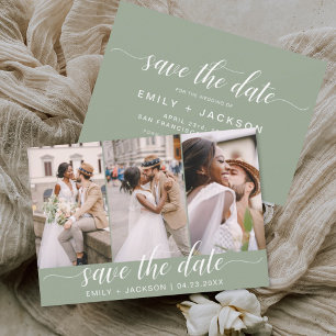 Sage Green Save the Date 3 Photo Elegant Modern