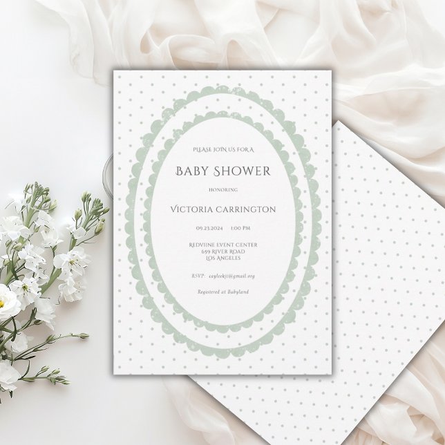 Sage Green Scallop Frame Vintage Invitation (Creator Uploaded)