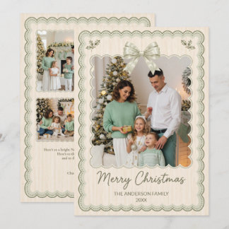 Sage Green Scalloped 5 Photo Collage Christmas Holiday Card