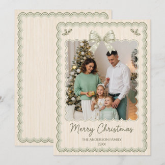 Sage Green Scalloped Bow Family Photo Christmas Holiday Card