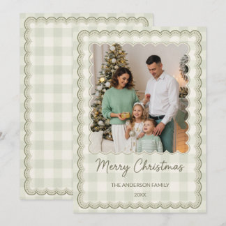 Sage Green Scalloped Gingham Family Photo Holiday Card