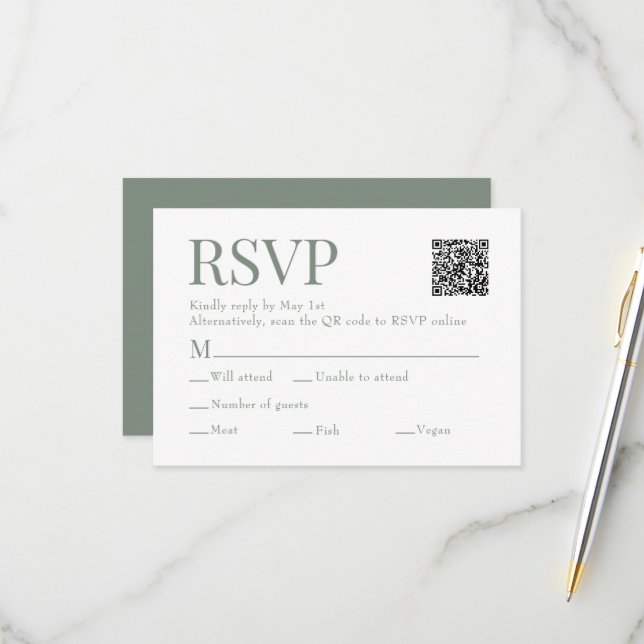 Sage Green Scan Qr Code Meal Choice Wedding RSVP Card (Front/Back In Situ)