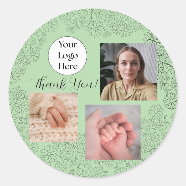 Sage green script 3 photo doula services classic round sticker (Front)