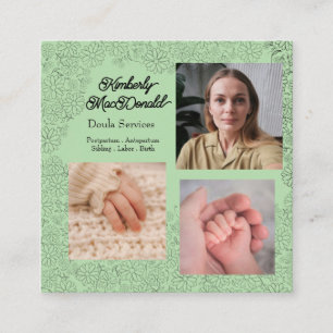 Sage green script 3 photo doula services square business card