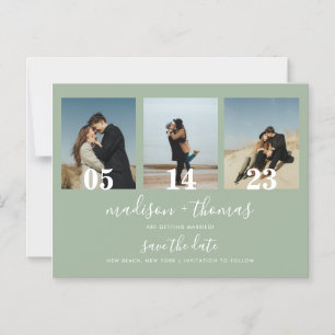 Sage Green Script 3 Photo Wedding Save The Date Magnetic Invitation