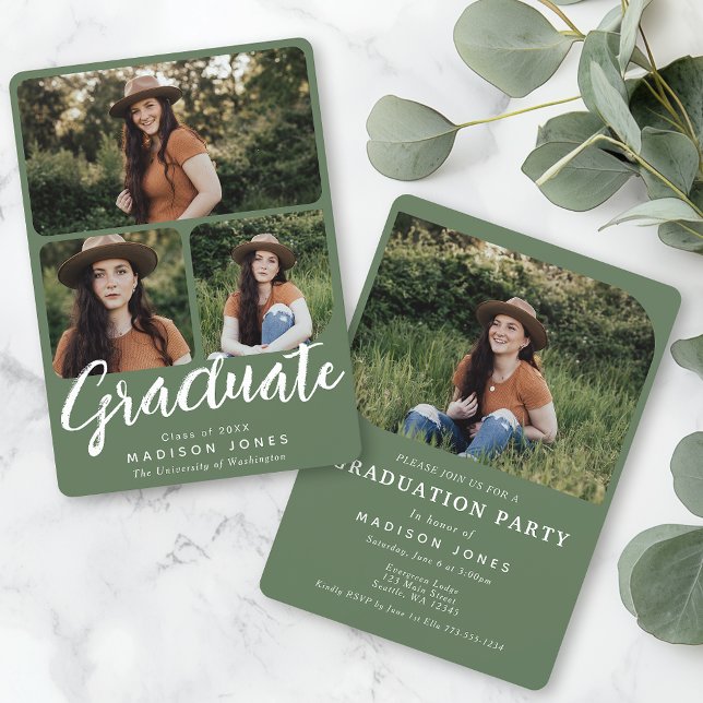 Sage Green Script 4 Photos Graduation Party  Invitation (Creator Uploaded)