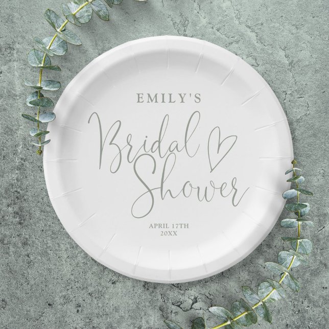 Sage Green Script Calligraphy Bridal Shower Paper Plate (Sage Green Script Calligraphy Bridal Shower Paper Plates)