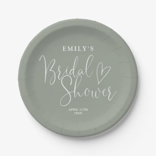 Sage Green Script Calligraphy Bridal Shower Paper Plate