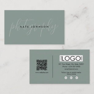 Sage Green Script Calligraphy Signature QR Code Business Card