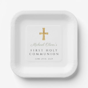Sage GReen Script Cross Boy First Communion Paper Plate