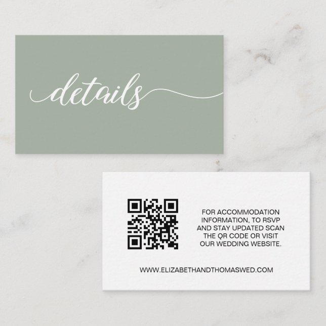 Sage green script Details Wedding website QR code Enclosure Card (Front/Back)