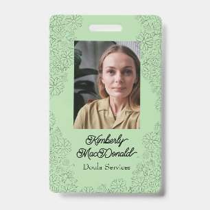Sage green script doula services ID badge