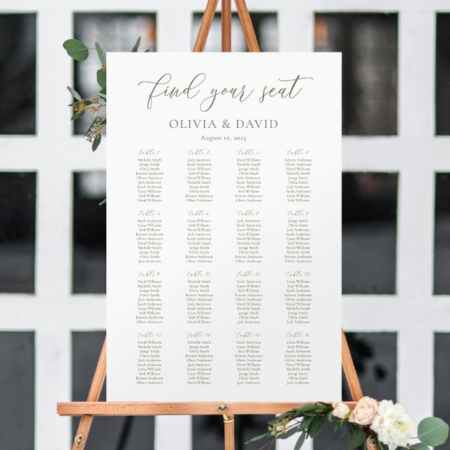 Sage Green Script Elegant 16 table Seating Chart (Creator Uploaded)