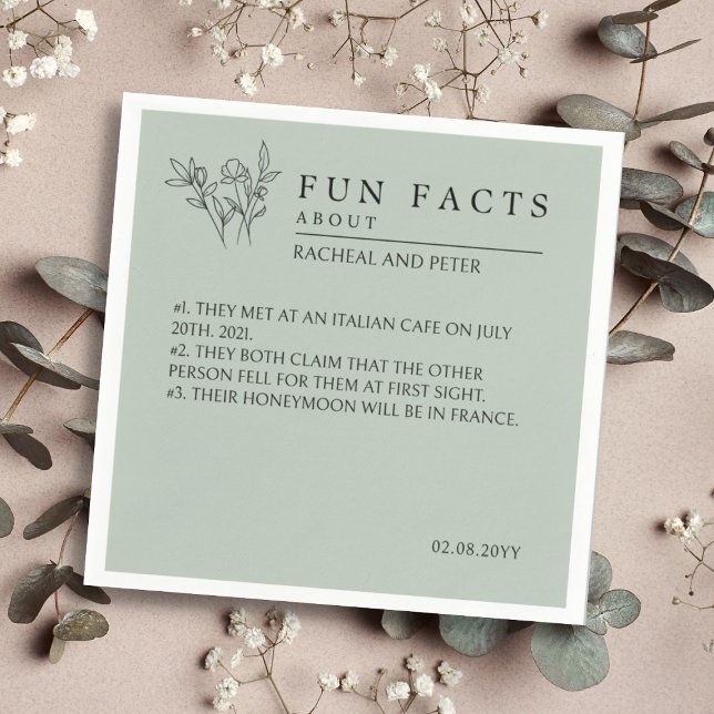 Sage Green Script Floral Simple Fun Facts Wedding Napkin (Creator Uploaded)