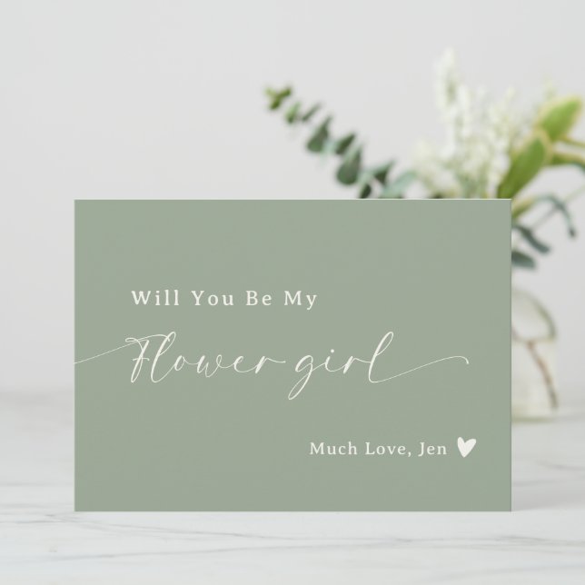 Sage Green Script Flower Girl Proposal Card (Standing Front)
