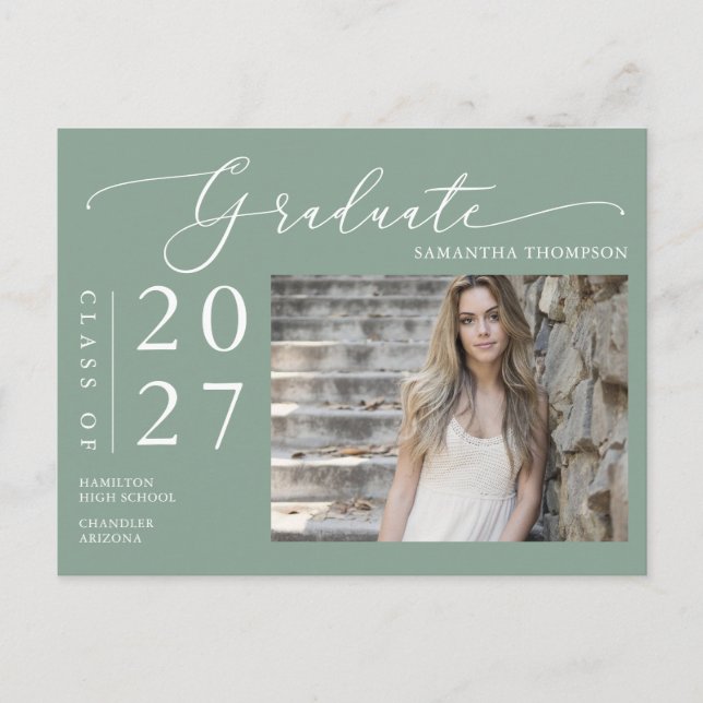 Sage Green Script Graduate Announcement Photo Postcard (Front)