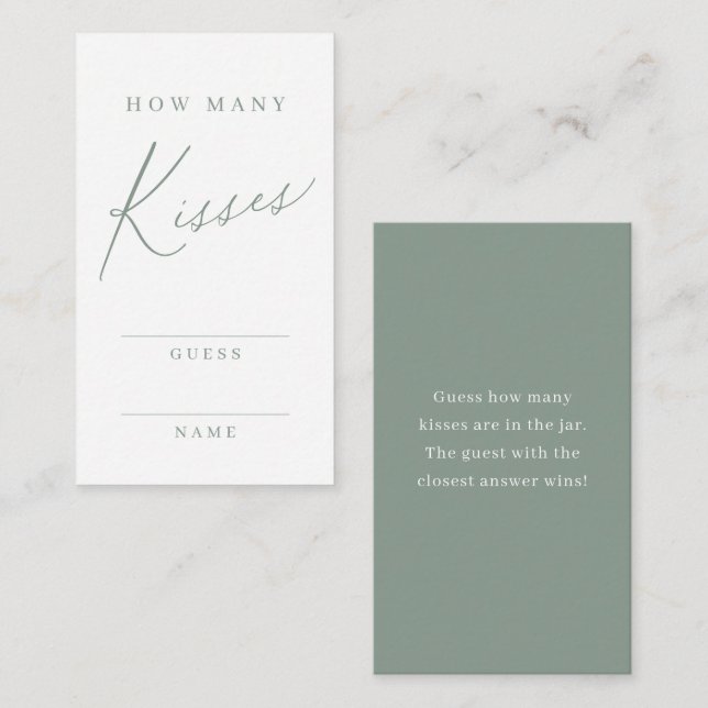 Sage green script guess how many kisses game enclosure card (Front/Back)