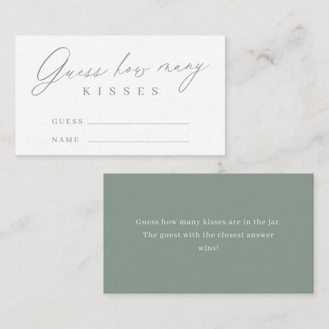 Sage green script guess how many kisses game enclosure card (Front/Back)