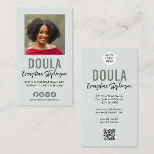 Sage Green Script Logo QR Code Photo DOULA Business Card