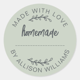 Sage Green Script Made With Love Homemade Food Jar Classic Round Sticker