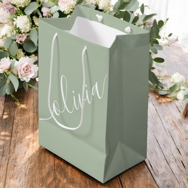 Sage Green Script Minimalist Monogram Elegant Medium Gift Bag (Creator Uploaded)