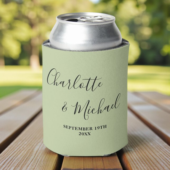 Sage Green Script Minimalist Wedding Can Cooler (Creator Uploaded)