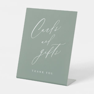 Sage green script modern wedding cards and gifts pedestal sign