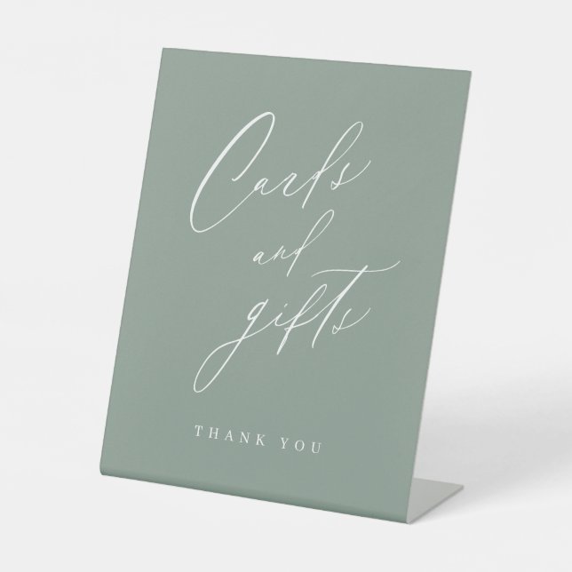 Sage green script modern wedding cards and gifts pedestal sign (Front)