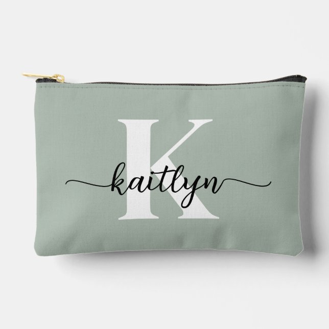Sage Green Script Monogram Accessory Pouch (Front)