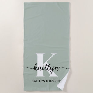 Sage Green Script Monogram Beach Towel